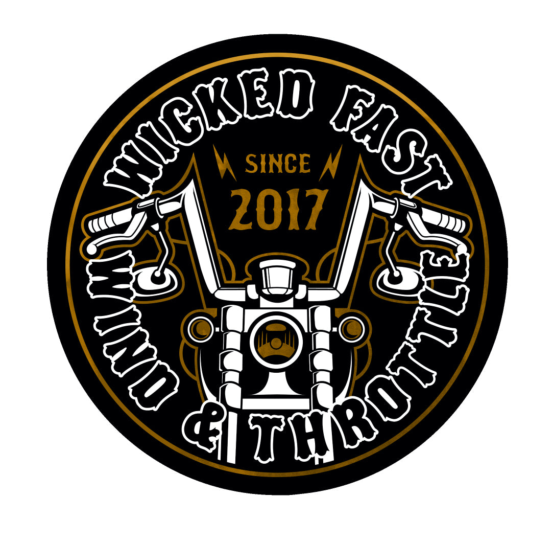 An image of a motorcycle-inspired holographic sticker that reads, “Wicked Fast. Wind & Throttle.”