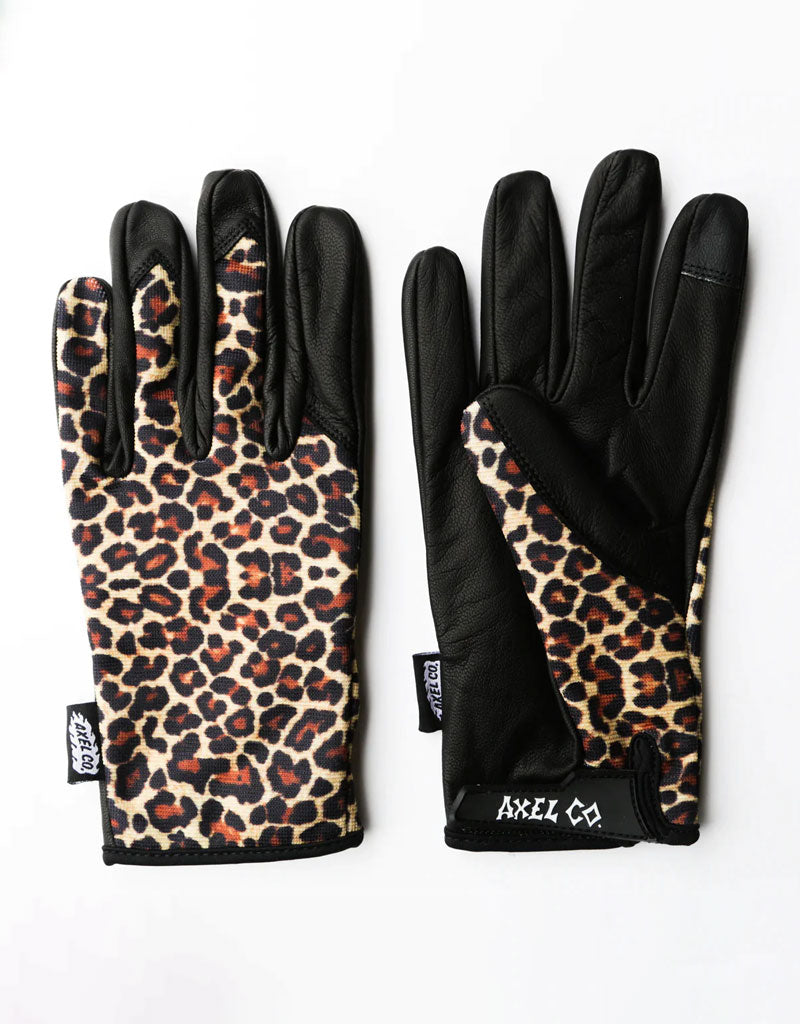 Axel Co Leather Motorcycle Gloves. Black Mesh Top Gloves with Leopard Print