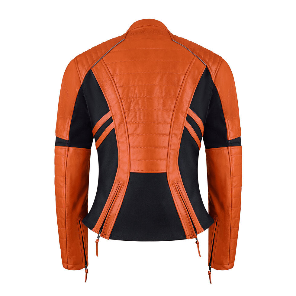 A back view of an orange leather motorcycle jacket for women